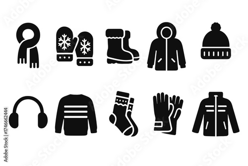 Winter clothing silhouette icon set. cold weather apparel, fashion silhouettes