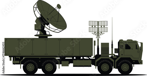 Military radar truck, satellite communication vehicle, mobile radar system, defense technology, army surveillance equipment, wireless transmission, battlefield communication, data 