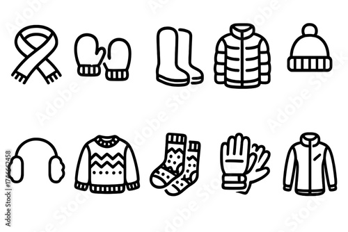 Winter clothing outline icon set: boots, jacket, scarf, and gloves essentials