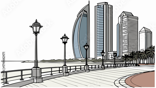 Coastal Promenade with Modern Skyscrapers and Palm Trees.