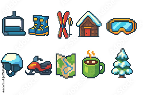 Winter adventure icon set with 8-bit pixel style for skiing and snowboarding fun