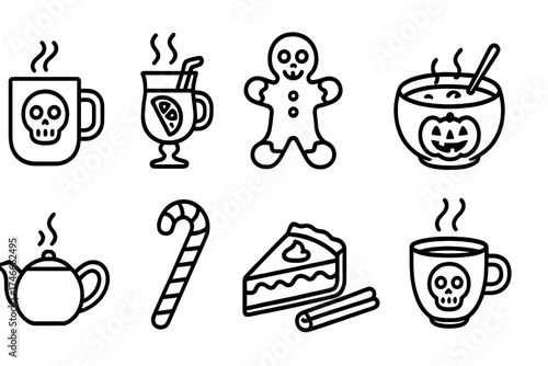 Halloween beverage and treat silhouette icon set. spooky, festive, autumn silhouettes.