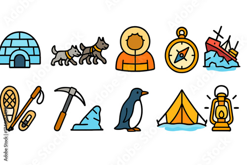 Adventure, exploration filled icon set. camping, hiking, survival icons collection.