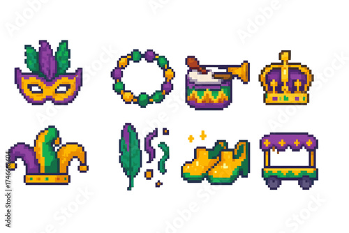 Mardi gras, carnival pixel icon set. festive, celebration pixel icons collection.