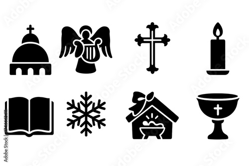 Christian symbols solid icon set. religious artifacts and traditions illustrations.