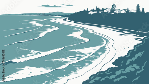 Coastal scene ocean waves beach seaside village tranquil landscape summer vacation travel poster nature illustration artistic design blue green palette stylized artwork curved shorelin.