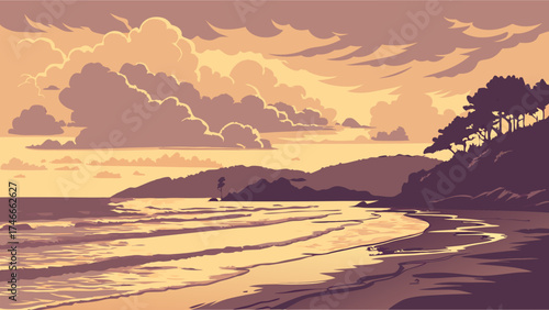 Coastal Sunset Landscape Serene Beach Scene with Ocean Waves and Cloudy Sky.