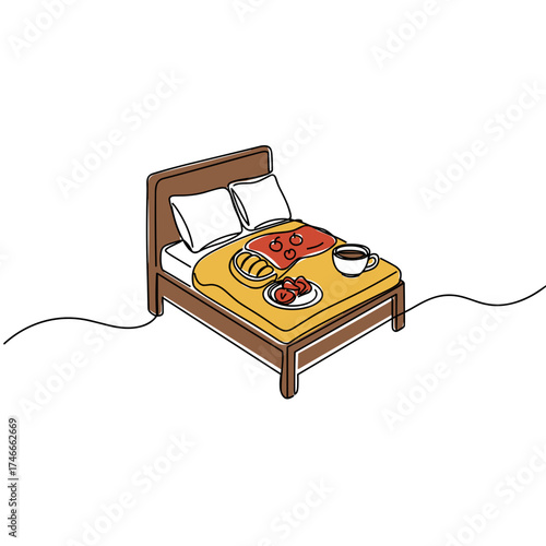 Breakfast tray with food on bed in simple line art style  