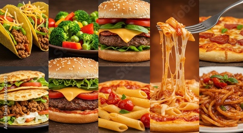 A vibrant and mouth-watering collage showcasing a diverse selection of popular comfort foods like classic burgers, savory tacos, cheesy pizzas, and delectable pasta dishes