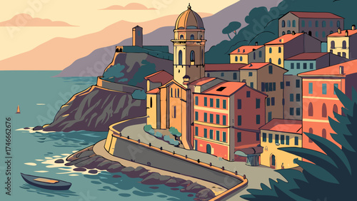 Coastal Town at Sunset Mediterranean Style Illustration Seaside Village Scenic View Architecture Travel Poster.