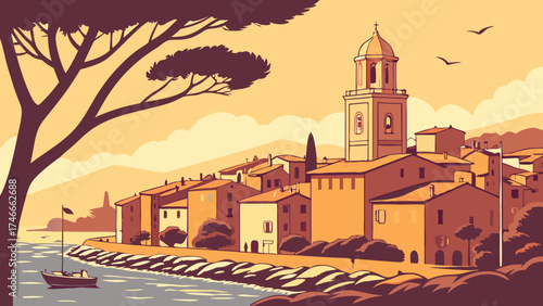 Coastal Town at Sunset Mediterranean Style Illustration Vintage Travel Poster Design.
