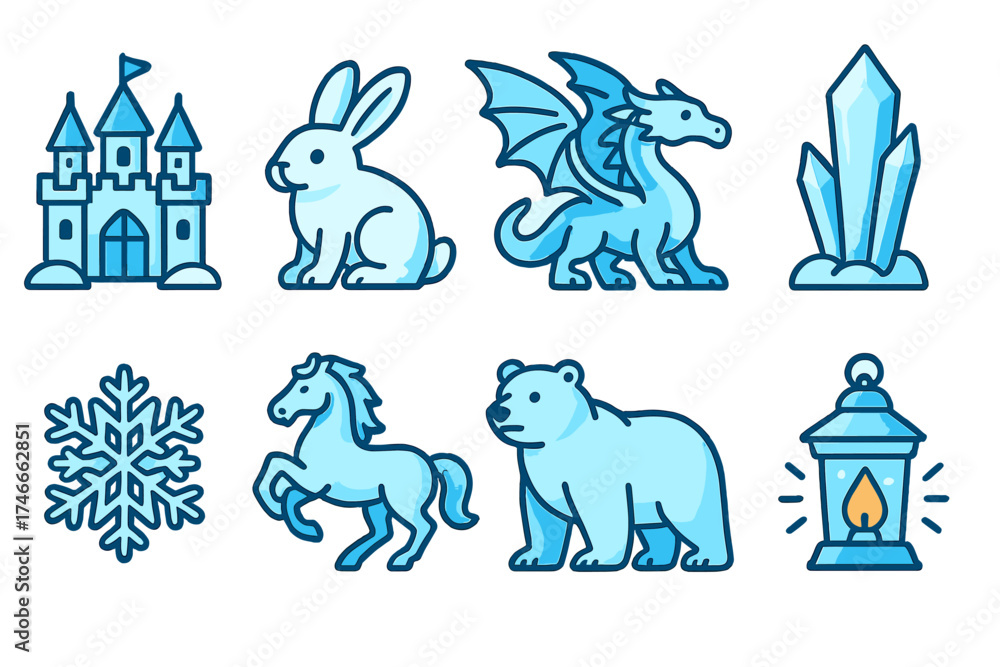 Obraz premium Fantasy and nature flat icon set: castle, dragon, lantern, crystal, animal symbols