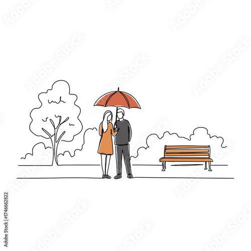 Couple standing under umbrella in park during rainy day  