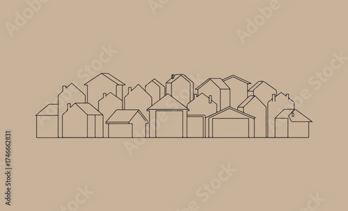 Minimalist outline drawing of a charming village with simple houses