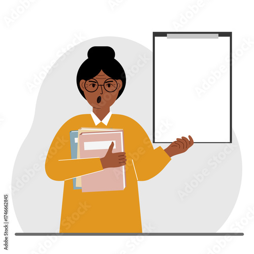 A woman holds a stack of books in one hand, a clipboard in the other, space for text. Knowledge, education, teaching, personal improvement, reading list.