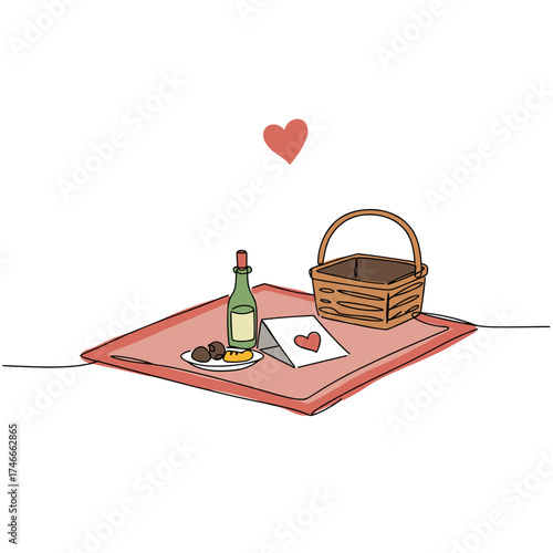 Picnic setup with love note, wine, and snacks on blanket  
