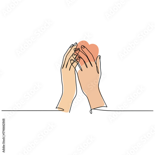 Two hands holding a heart shape in minimalist line art style  
