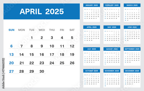 2025 Calendar Template with All Months and Highlighted April Page in Blue Theme
