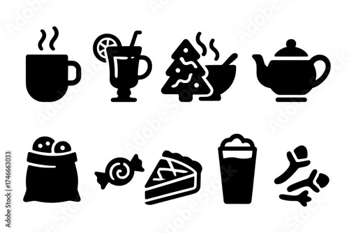 Winter drink silhouette icon set. warm beverages, holiday treats in silhouette style.