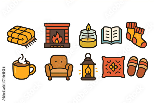 Cozy home winter outline icon set. comfort, warmth, and relaxation symbols collection