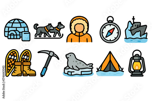 Arctic adventure icon set for exploration. travel, camping, wildlife outline icons.