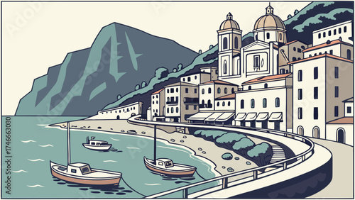 Coastal Town Illustration Seaside Village Artwork Mediterranean Architecture Scenic Artwork Boats in Harbor Cliffside Buildings Summer Vacation Destination Travel Poster Design Vintage St.