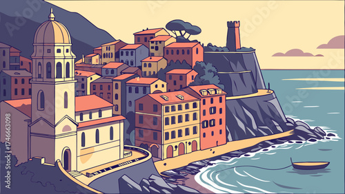 Coastal Town Illustration Seaside Village Artwork Mediterranean Style Houses Ocean View Cliffside Buildings Summer Vacation Scene Travel Poster Design Architecture Illustration Colorful B.