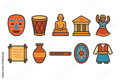 Cultural heritage flat icon set. ancient history, traditional artifacts icons collection.