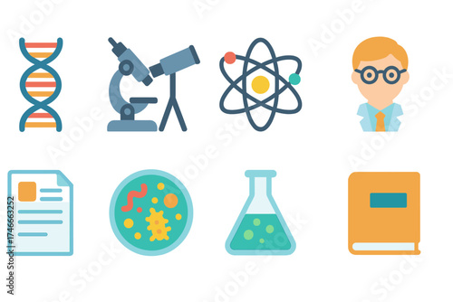 Science and research flat icon set. biology, chemistry, education flat icons collection
