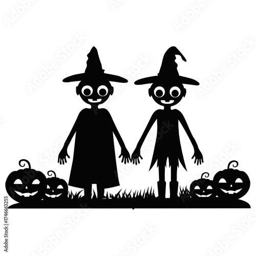 Cute Halloween Witch Silhouette with Pumpkins and Grass | Two Witches Holding Hands Vector Illustration for Spooky Halloween Design, Poster or Background