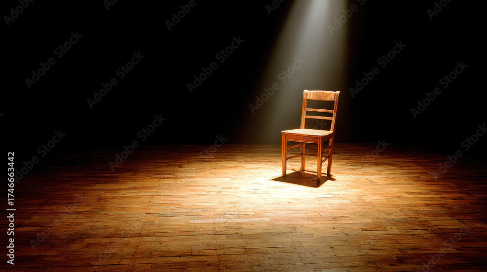 Fototapeta premium actor. An empty theater stage with a single wooden chair under a solitary spotlight. event programs, museum guides, designed for cultural heritage projects and event programs, preserves heritage. 