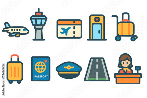 Travel and tourism flat icon set. vacation, airport, luggage, passport, airline.