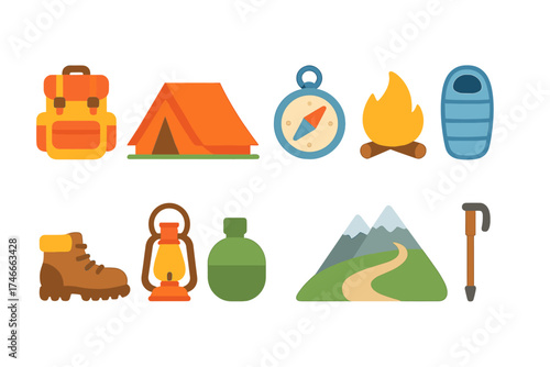 Camping and hiking filled icon set. adventure, outdoor, survival icons filled collection.