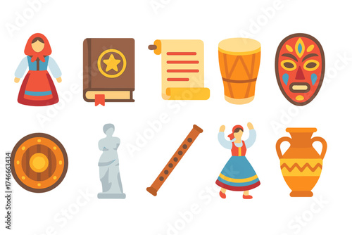 Culture and tradition flat icon set. folk, music, art, dance, heritage flat icons