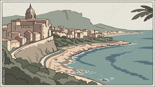 Coastal Town Scenic View Mediterranean Style Illustration.