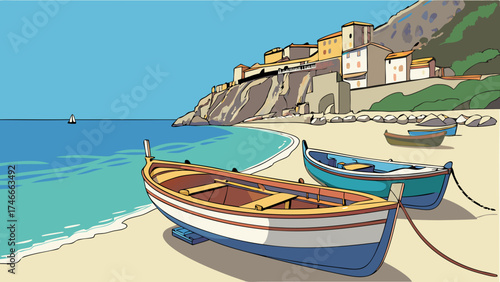Coastal Town Seascape with Boats on Sandy Beach Summer Vacation Illustration.