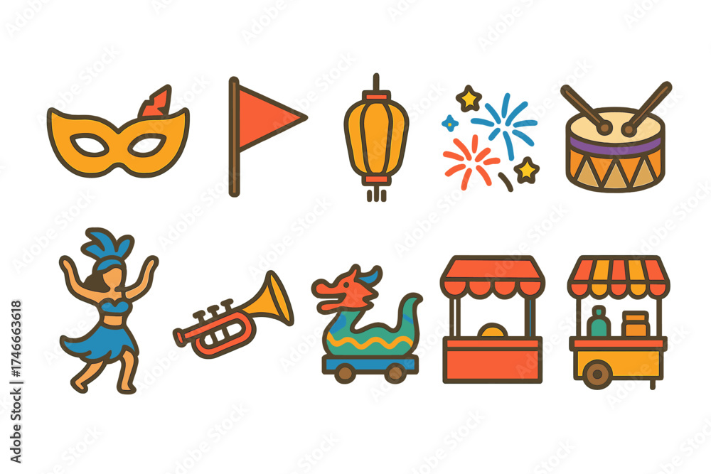 Fototapeta premium Festival celebration flat icon set. carnival, parade, and celebration icons collection