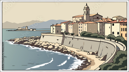 Coastal Town Seaside View Mediterranean Style Architecture Ocean Waves Cliffside Buildings Summer Vacation Travel Illustration.