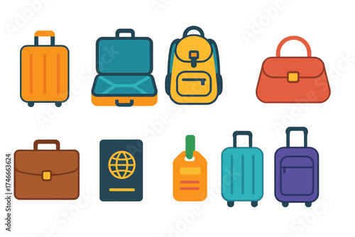 Luggage and travel flat icon set. holiday, vacation icons flat collection