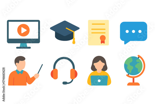 Education, e-learning flat icon set. online learning and teaching icons flat collection