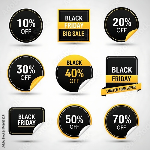 Black friday sale discount labels and badges with percentage off