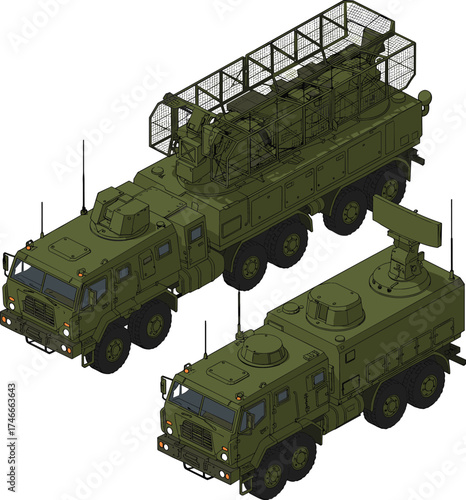 Military radar vehicles, electronic warfare systems, surveillance trucks, signal intelligence units, mobile defense equipment, green camouflage, battlefield 