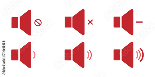 Speaker icon set with ring, mute, 50% volume and silent for smartphone user interface in black color. Sound volume icons set with different signal levels on white background. Sound icon, volume symbol