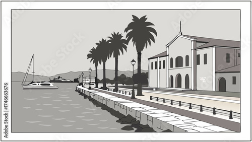 Coastal Town Waterfront Promenade Monochromatic Illustration Calm Seascape Palm Trees Building Facade Yacht Boats.