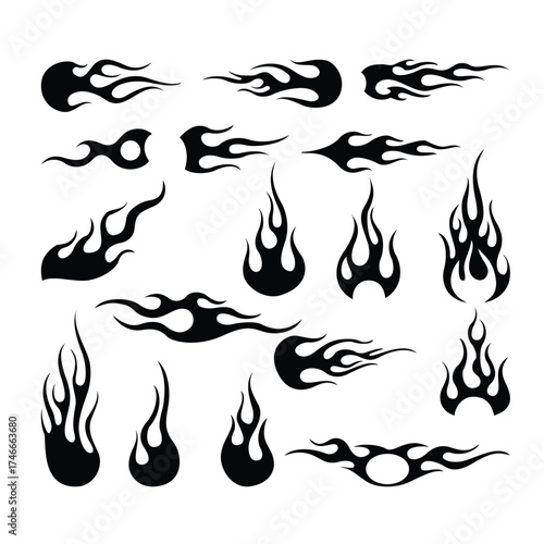 Collection of stylized black flame graphics and tribal fire designs for automotive and tattoo art