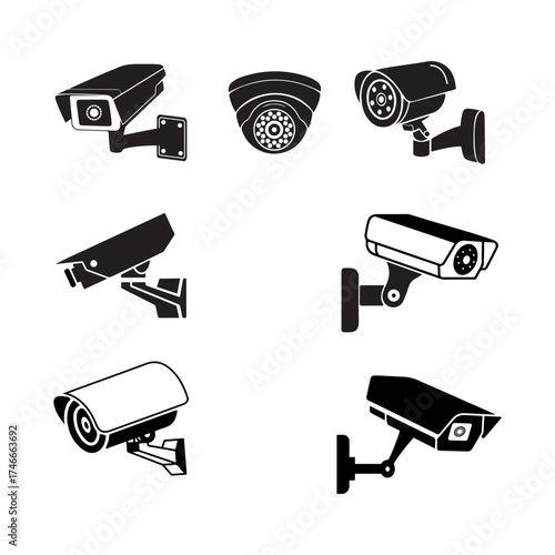 CCTV camera silhouette set icons, security surveillance symbols for safety systems