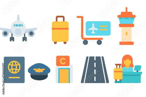 Travel and tourism silhouette icon set. vacation and airport outline icons collection
