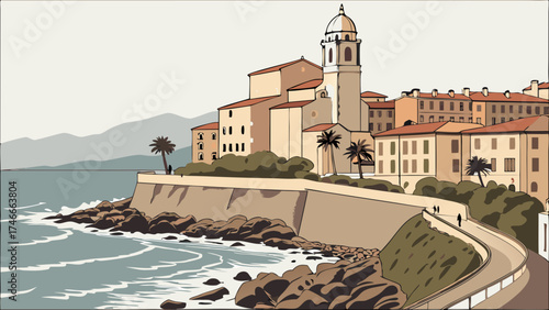 Coastal Town with Church and Ocean View Mediterranean Style Architecture Cliffside Promenade Seaside Town Illustration.