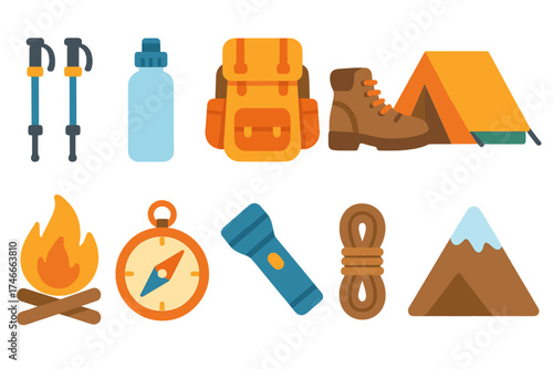 Camping equipment flat icon set. gear, adventure, hiking essentials icon collection.