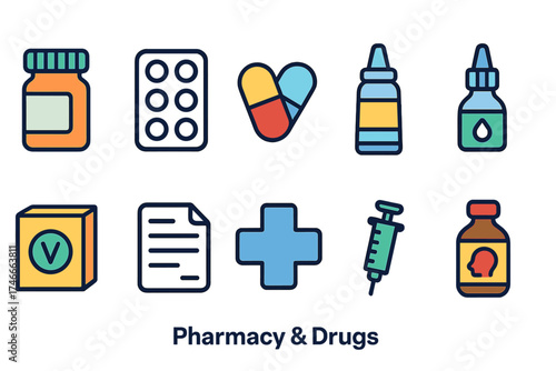 Pharmacy and medicine icon set. health, drugstore, medical icons in outline style